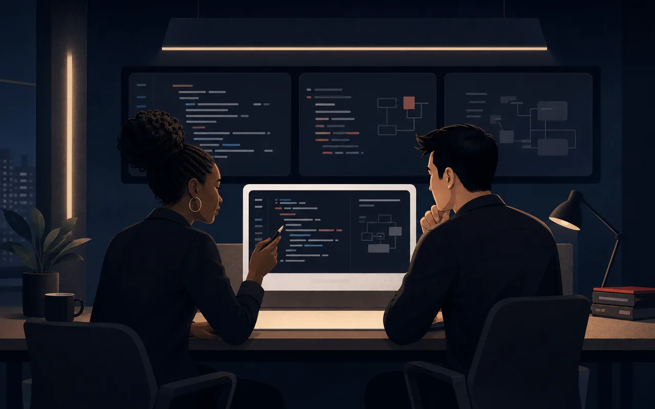 A code workspace representing the careful assessment and improvement of an established application