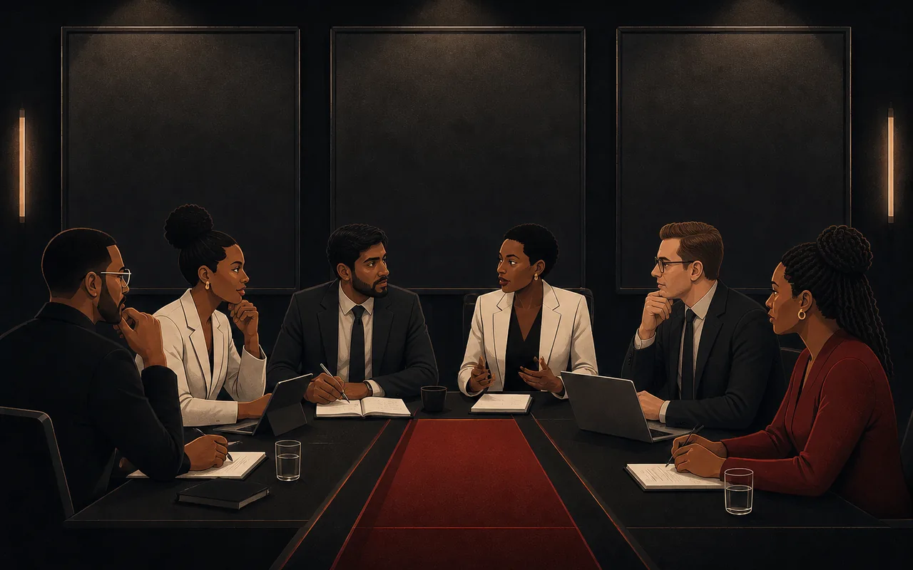 A team collaborating around a boardroom table