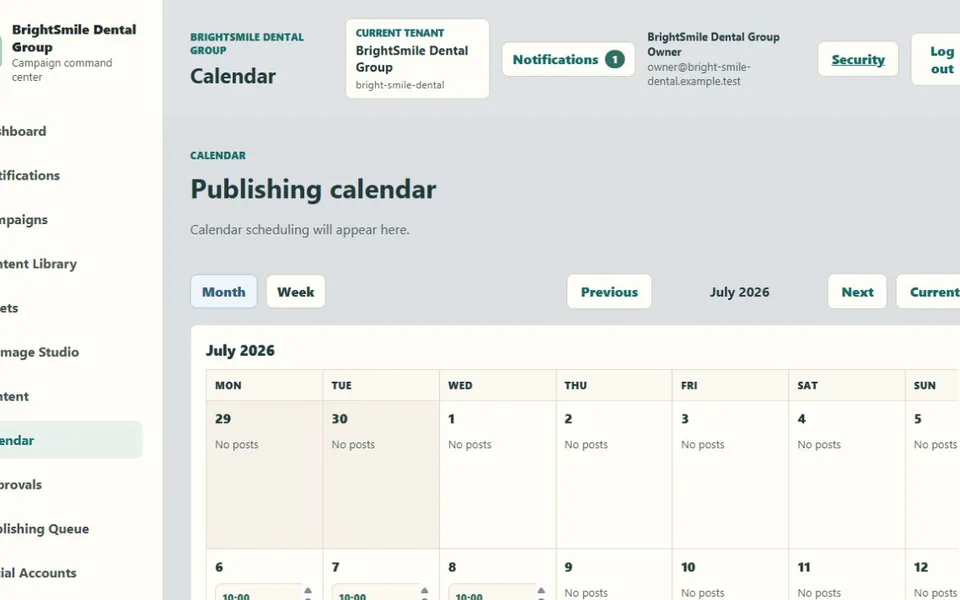 Odinma Campaigns calendar containing fictional scheduled content
