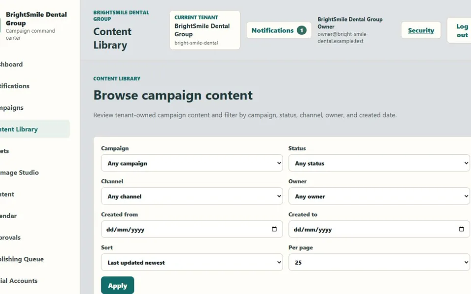 Odinma Campaigns content library containing fictional content